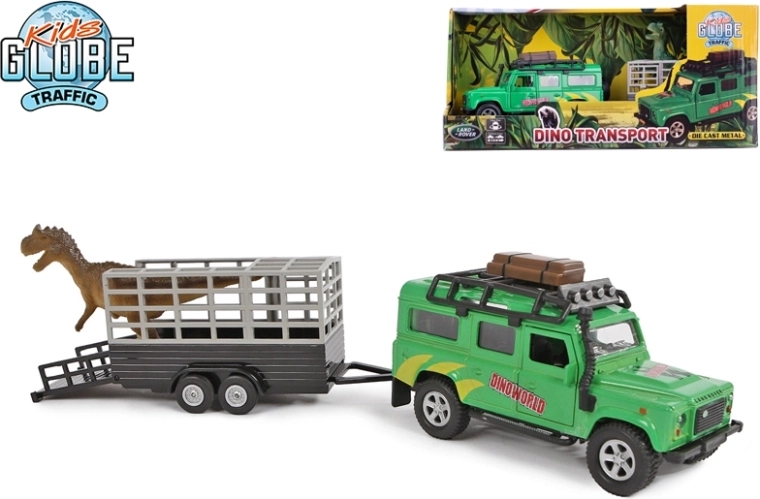 Kids Globe Traffic off-road vehicle LAND ROVER with trailer and dinosaur 28 cm, metal, pull-back