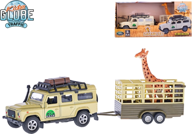 Metal off-road vehicle with trailer and giraffe 14 cm – LAND ROVER DEFENDER with pull-back drive