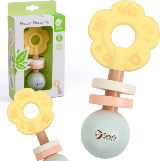 Wooden Pastel Rattle and Teething Toy 2-in-1 in Flower Shape