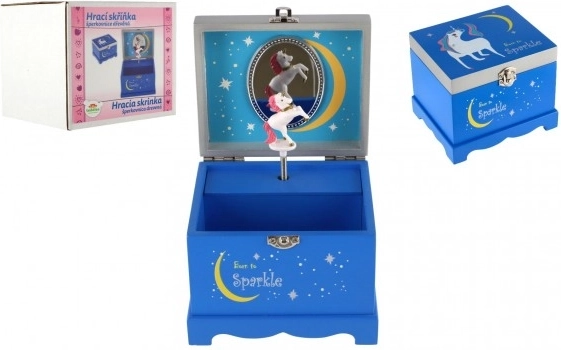Boîte à bijoux musicale en bois avec licorne Born to Sparkle – bleu