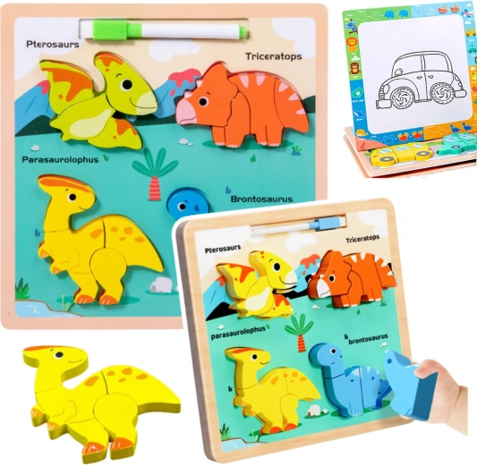 Holz Lernpuzzle Dinosaurier mit Zeichentafel