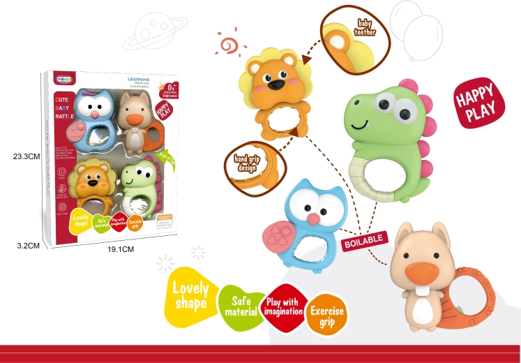 Hochets animaux, lot de 4 pcs