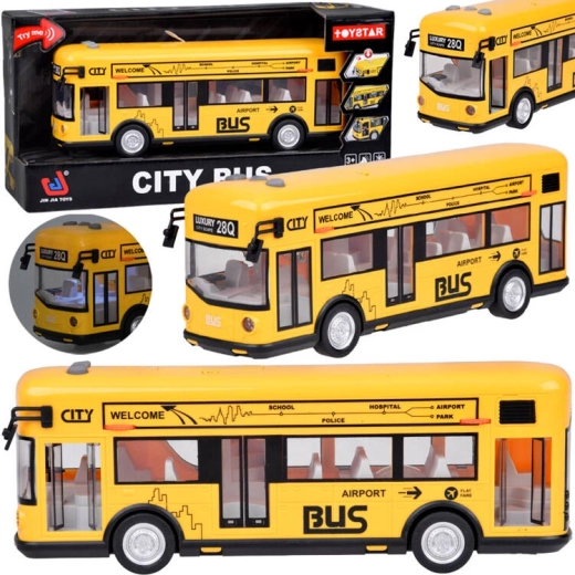 Gelber Stadtbus mit Lichtern, Sounds und öffnenden Türen