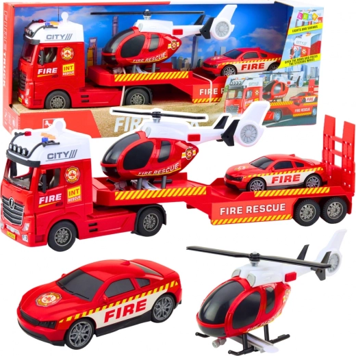 Set de pompiers pour enfants avec camion-remorque, hélicoptère et camion de pompiers