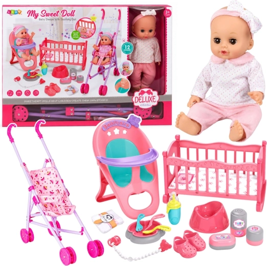 Bébé interactif 3-en-1 avec poussette, lit et accessoires