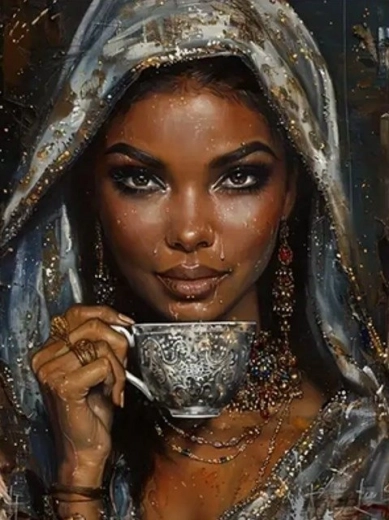 Diamantschilderen – vrouw met koffiekopje 30 × 40 cm