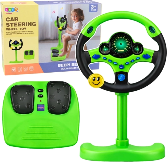 Interactive steering wheel for children with stand and pedals, green