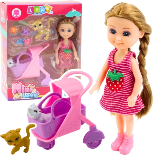 Mini doll with stroller and kittens