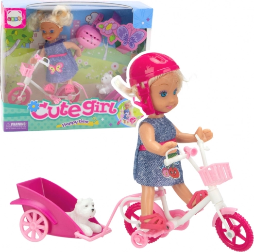 Mini doll set with bike, trailer, and white puppy