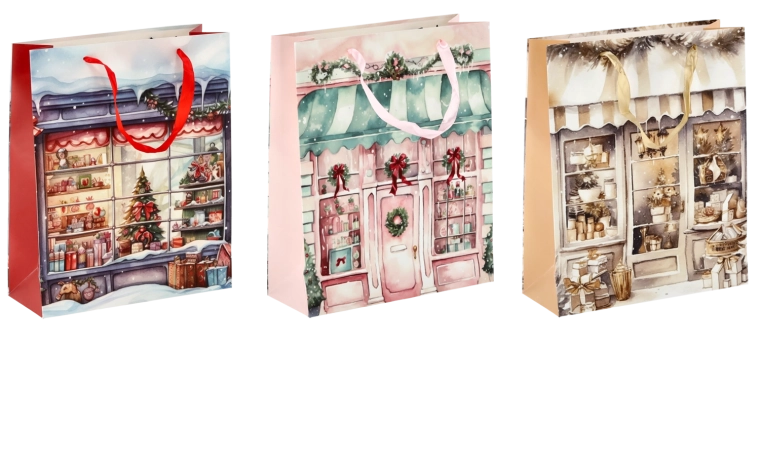 Sac-cadeau de Noël avec motif de maisonnette, laminage brillant, 26 × 32 × 10 cm