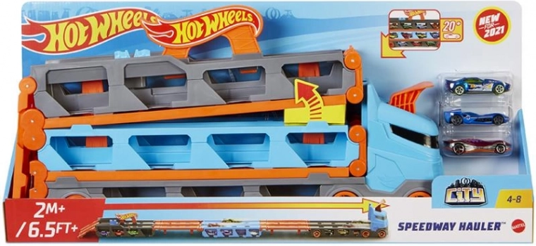 Hot Wheels 2-in-1 Racing Transporter with 1.8 m Track and Storage for 20 Cars