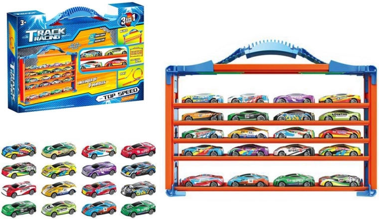 Racing track set with inverted loops and storage rack for toy cars