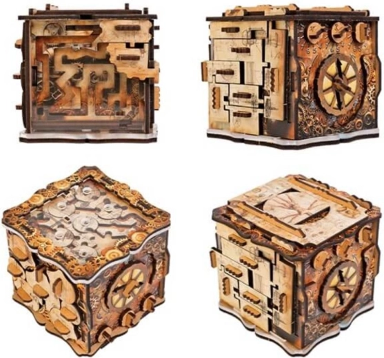 Immersive escape-style challenge in a wooden cube
