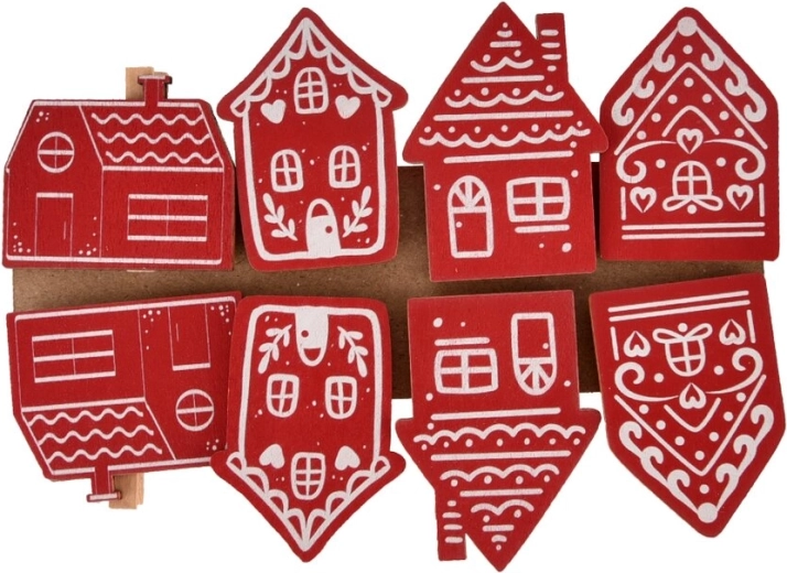 Wooden decorative clothespins House red and white, 8 pcs