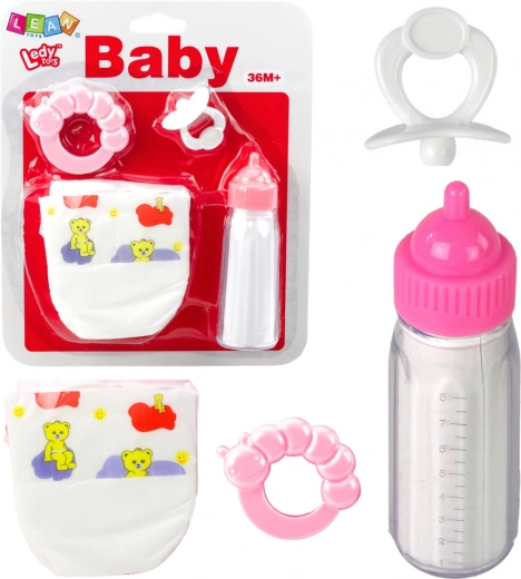 Doll Accessories Set with Bottle, Pacifier, Diaper, and Rattle