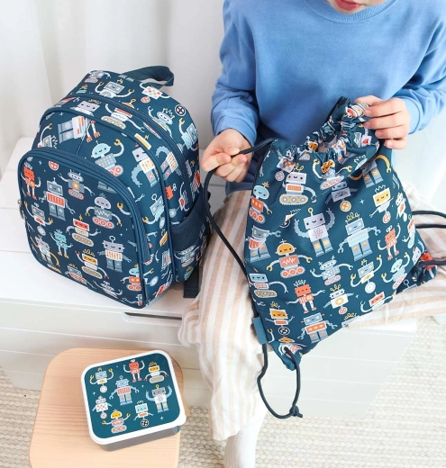 Playful robot motif that matches other gear