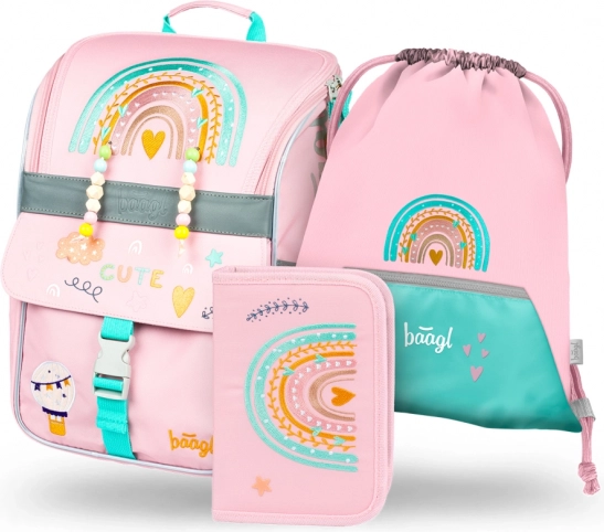 baagl set scolaire zippy arc-en-ciel rose – cartable, trousse et sac