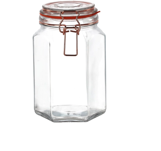 Bocal en verre hexagonal avec fermeture à levier 1,3 l