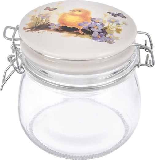 Bocal en verre avec fermeture à clip métallique et couvercle en céramique motif poussin de printemps 0,5 l