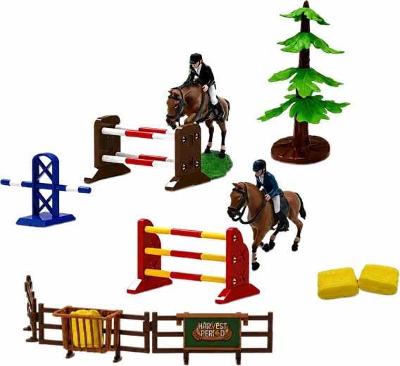 Show-jumping course: obstacles, riders, and horses