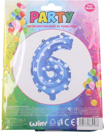 Blue inflatable number 6 balloon with stars 78 × 50 cm