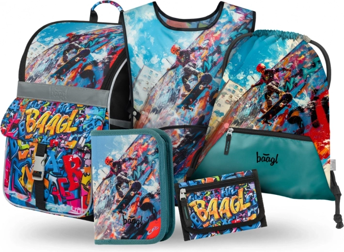 Set for Schoolkids Zippy Skatepark: satchel, pencil case, drawstring bag, apron and wallet