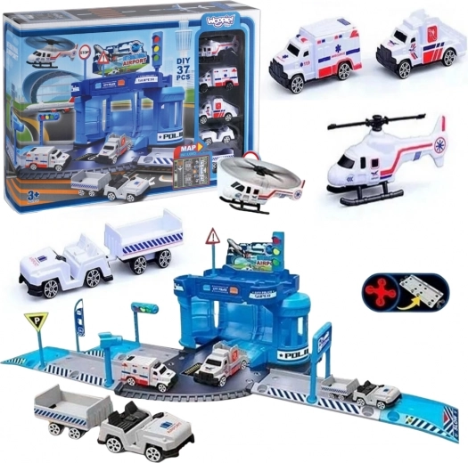 Woopie set thématique station de police à l’aéroport avec voitures et hélicoptère, 37 pièces