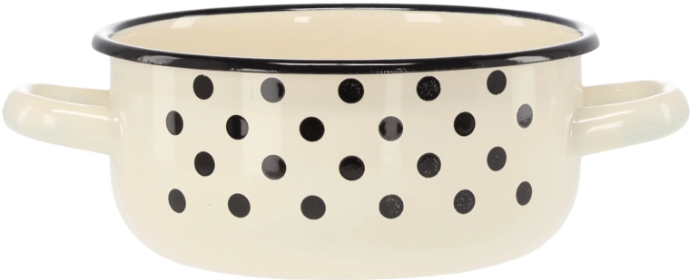 Enamel saucepan with two handles 1.5 l, 16 cm, white with polka dots