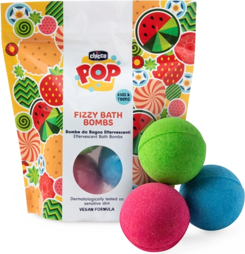 Chicco POP sprudelnde Badebomben für Kinder und Teenager, 3 Stück