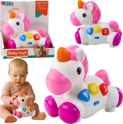 Interactive rolling unicorn with lights and sounds