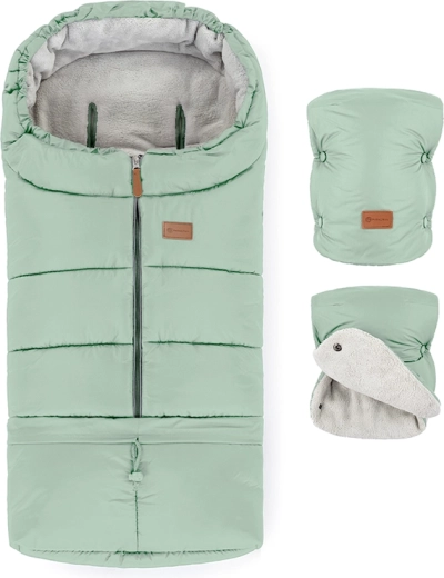 Petite&Mars Winter Set: Jibot 3-in-1 Footmuff and Jasie Stroller Gloves, Pale Eucalypt