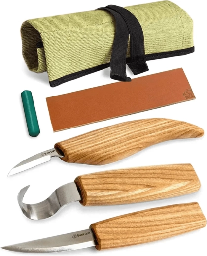 BeaverCraft S13 expanded spoon carving set (3 knives in a roll + accessories)