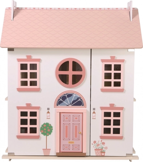 wooden dollhouse with pink roof and accessories
