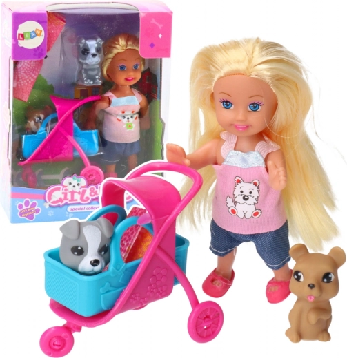 Set with a mini doll, stroller, and puppies