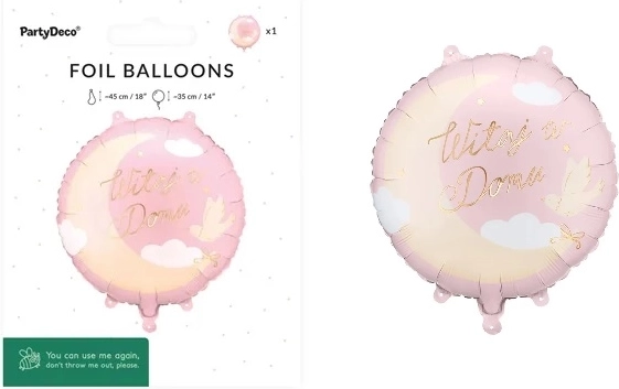 Ballon en aluminium en forme de pastille « Witaj w Domu » rose 35 × 35 cm