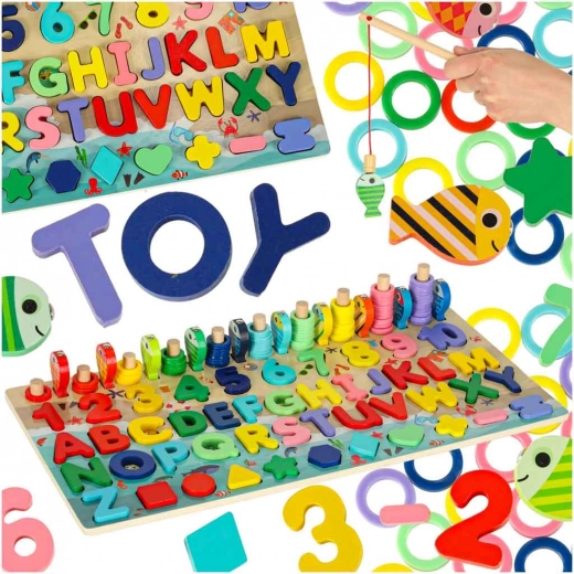 Wooden educational game 3-in-1: sorter, abacus, and magnetic fishing