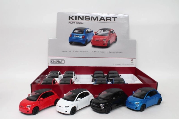 Modèle de voiture Fiat 500e à l’échelle 1:28 avec propulsion (12 pcs dans un présentoir de vente)