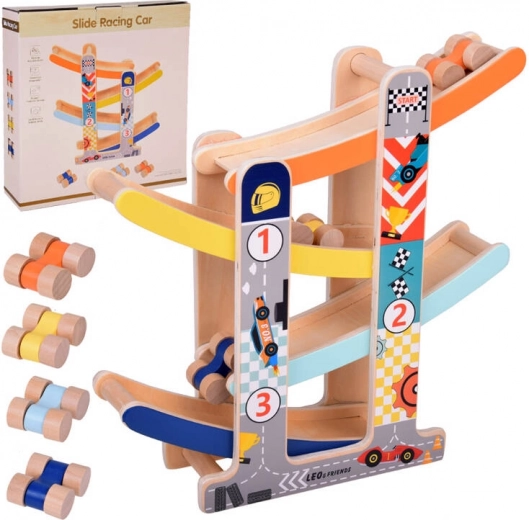 Piste ludique en bois pour petites voitures avec toboggan