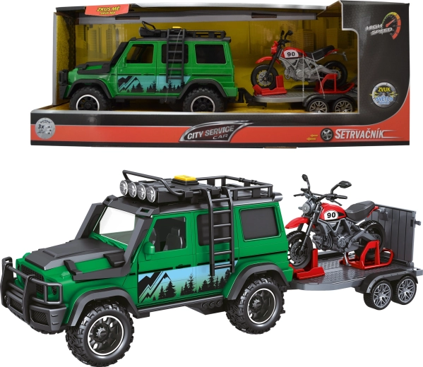 City Service Car voertuig van de boswachterij met aanhanger en motor 1:14 met geluiden en lichten