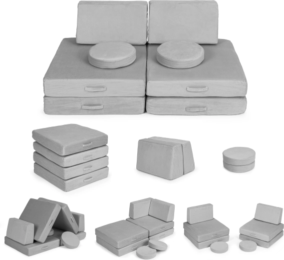 grand canapé modulable pliable pour enfants, 8 coussins moelleux – gris ECOTOYS