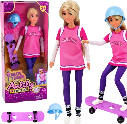 Anlily skateboardster – pop met paars skateboard en helm 30 cm