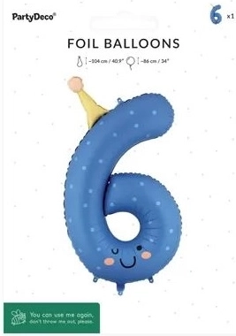 PartyDeco folieballon cijfer 6 blauw 86 cm