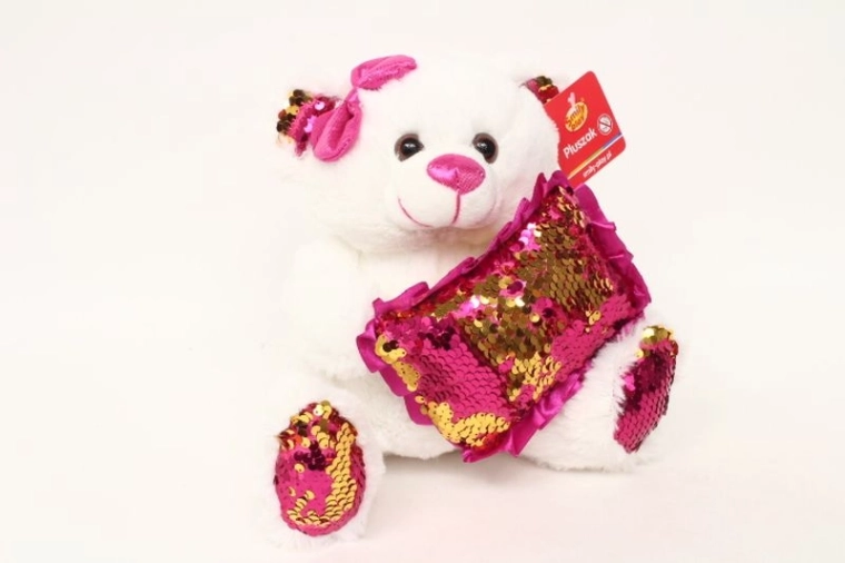 SmilyPlay pluchen witte teddybeer met roze pailletten kussentje