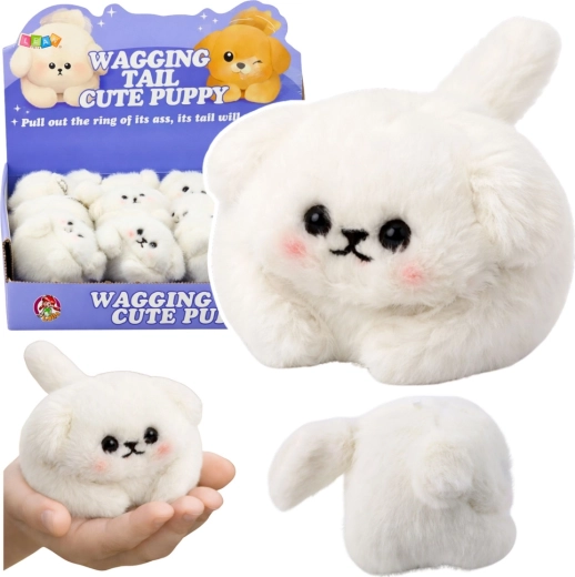 Petit chien en peluche blanc avec queue qui remue et couinement – 9 cm
