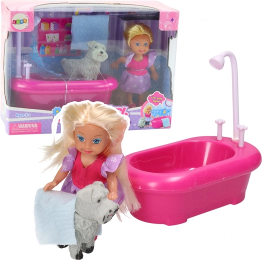 Mini doll set with bathtub and white puppy