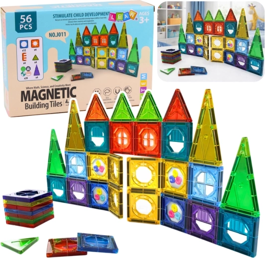 Magnetic 3D building set with windows, colorful panels, 56 pieces