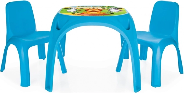 Plastic table + two blue chairs
