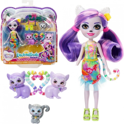 Enchantimals Famille de lémuriens – poupée Lorinda et 3 petits animaux