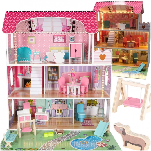 Wooden dollhouse with LED lighting and garden 70 cm pink