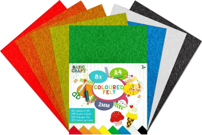Set of Colored Felt Sheets A4, 8 Sheets, 2 mm